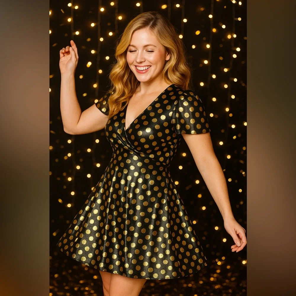 Torrid Black Polkadot Gold Flutter Sleeve Mini Dress, Large, NWT! - Picture 4 of 16